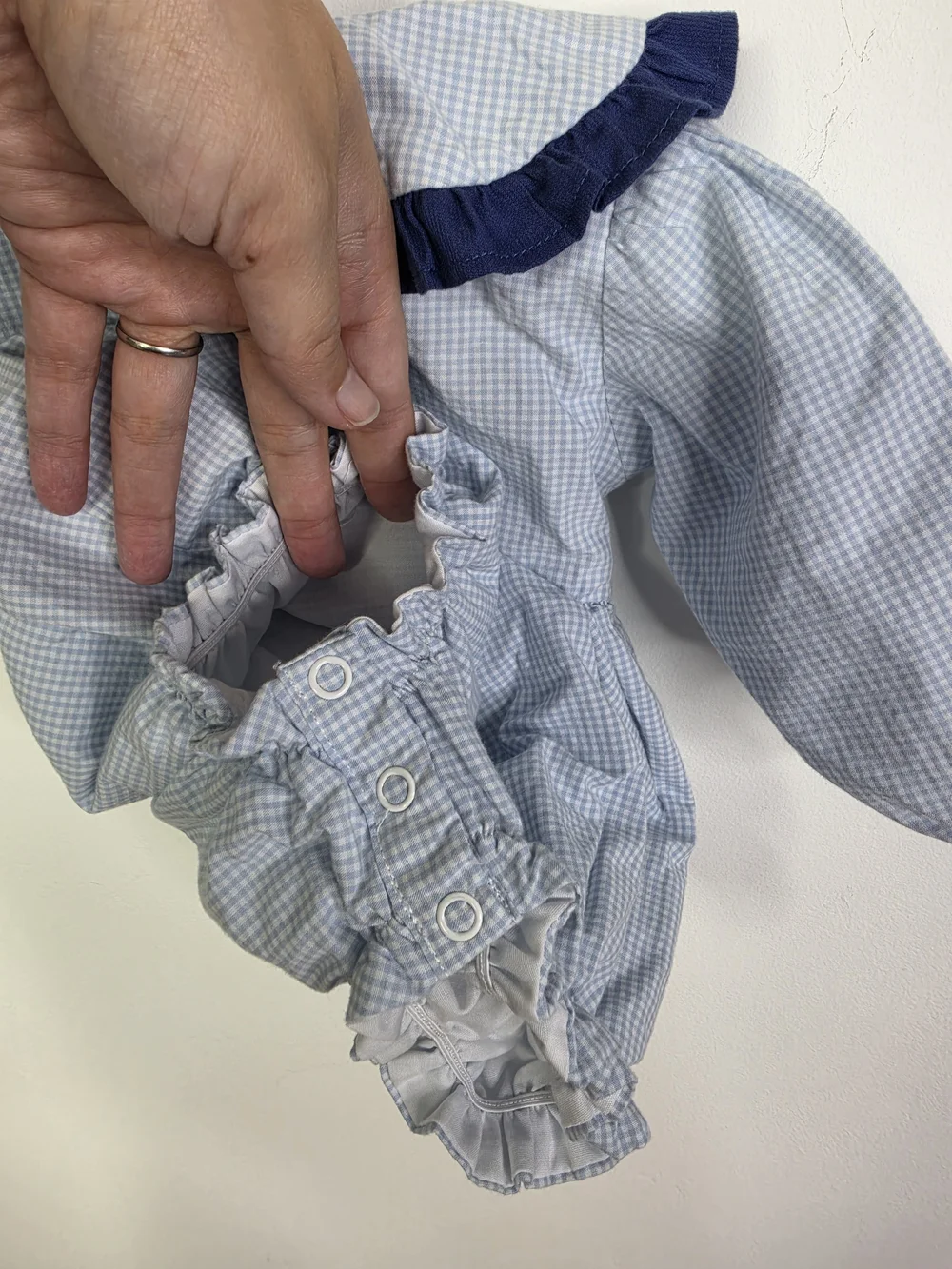 Classic Blue Gingham Baby One-Piece with Navy Bow, 6M